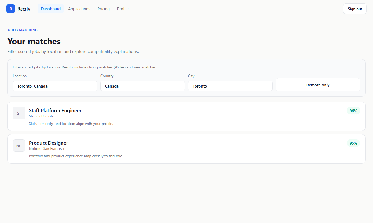 Recriv job matching view with location filters and match scores